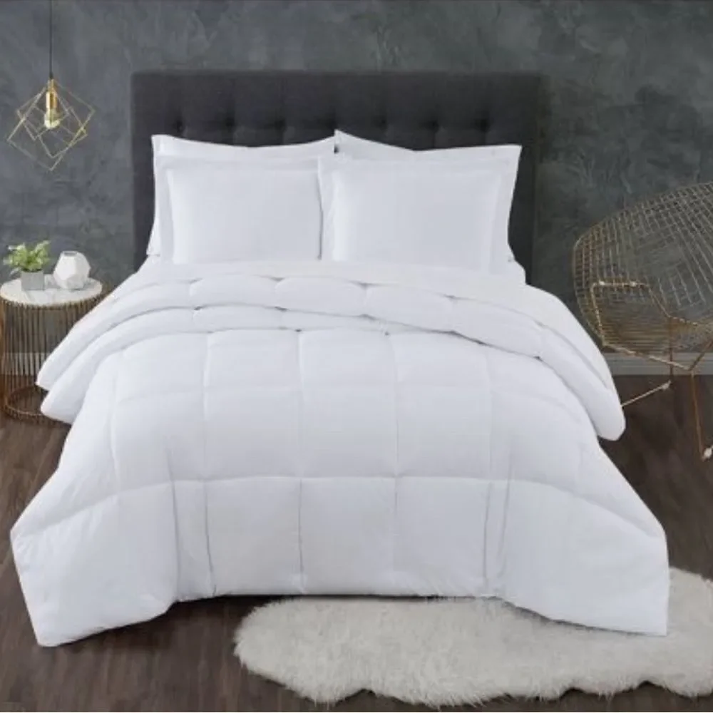 Three piece white antimicrobial odor control comforter set.  From Home Depot